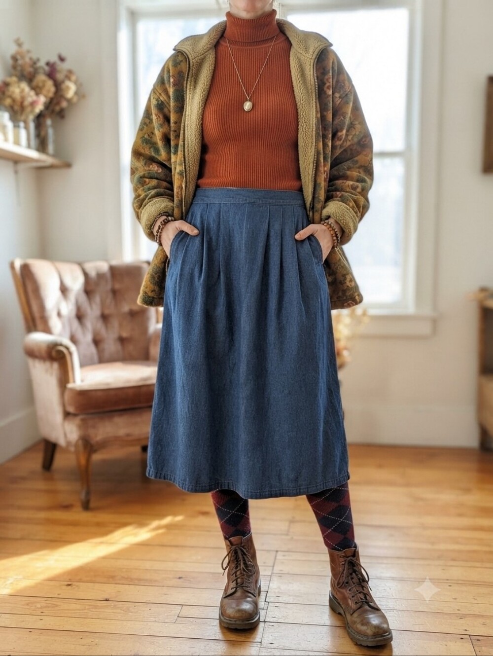 Vintage Ralph Lauren Pleated Denim Midi Skirt Pockets 90s XL Preppy Academia